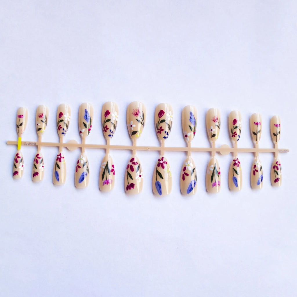 Almond-shaped European style nail art strips with removable flower armour design in solid colour options