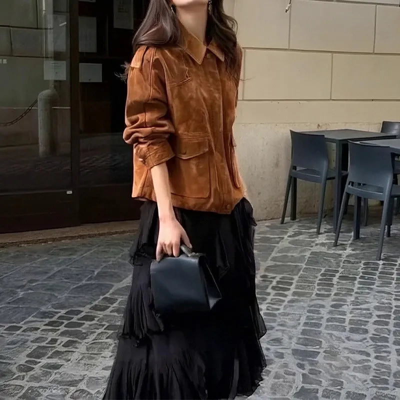 Women's brown suede-look coat with regular sleeves shown in S-3XL size range