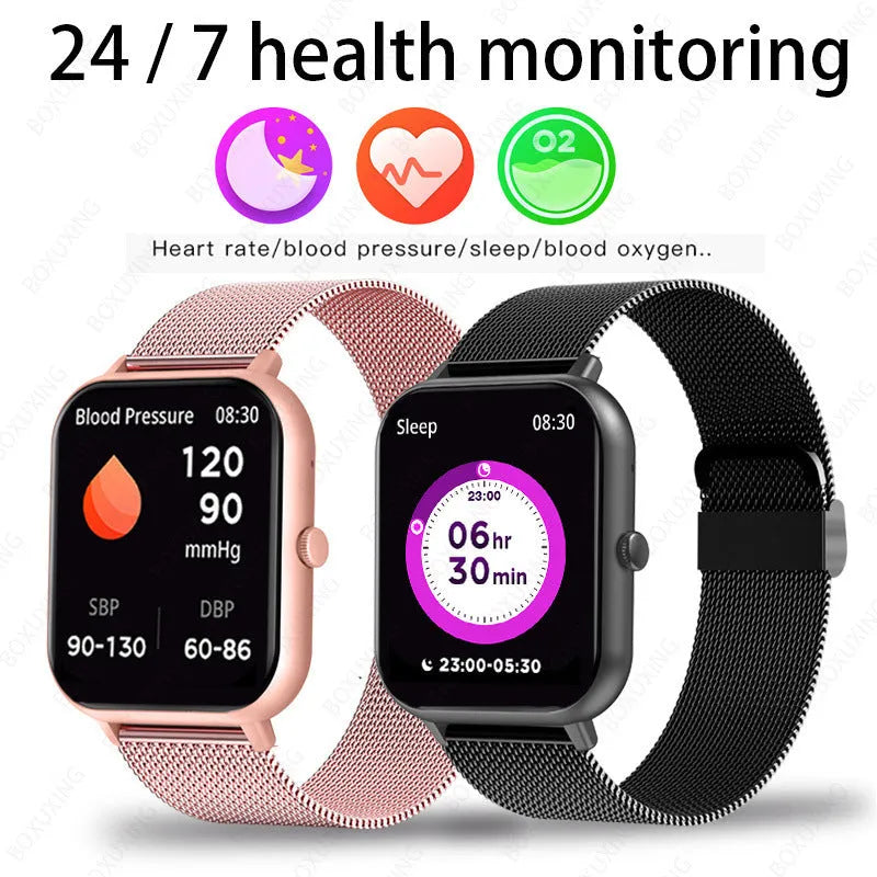 Smart watch with AMOLED display showing heart rate, blood pressure and blood oxygen readings