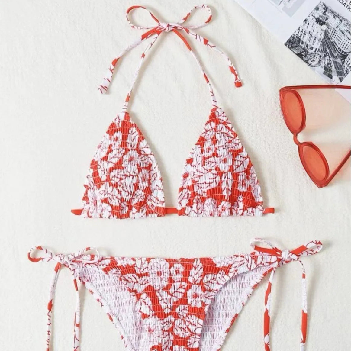 Women's halter neck swimsuit set with floral briefs in light blue colour