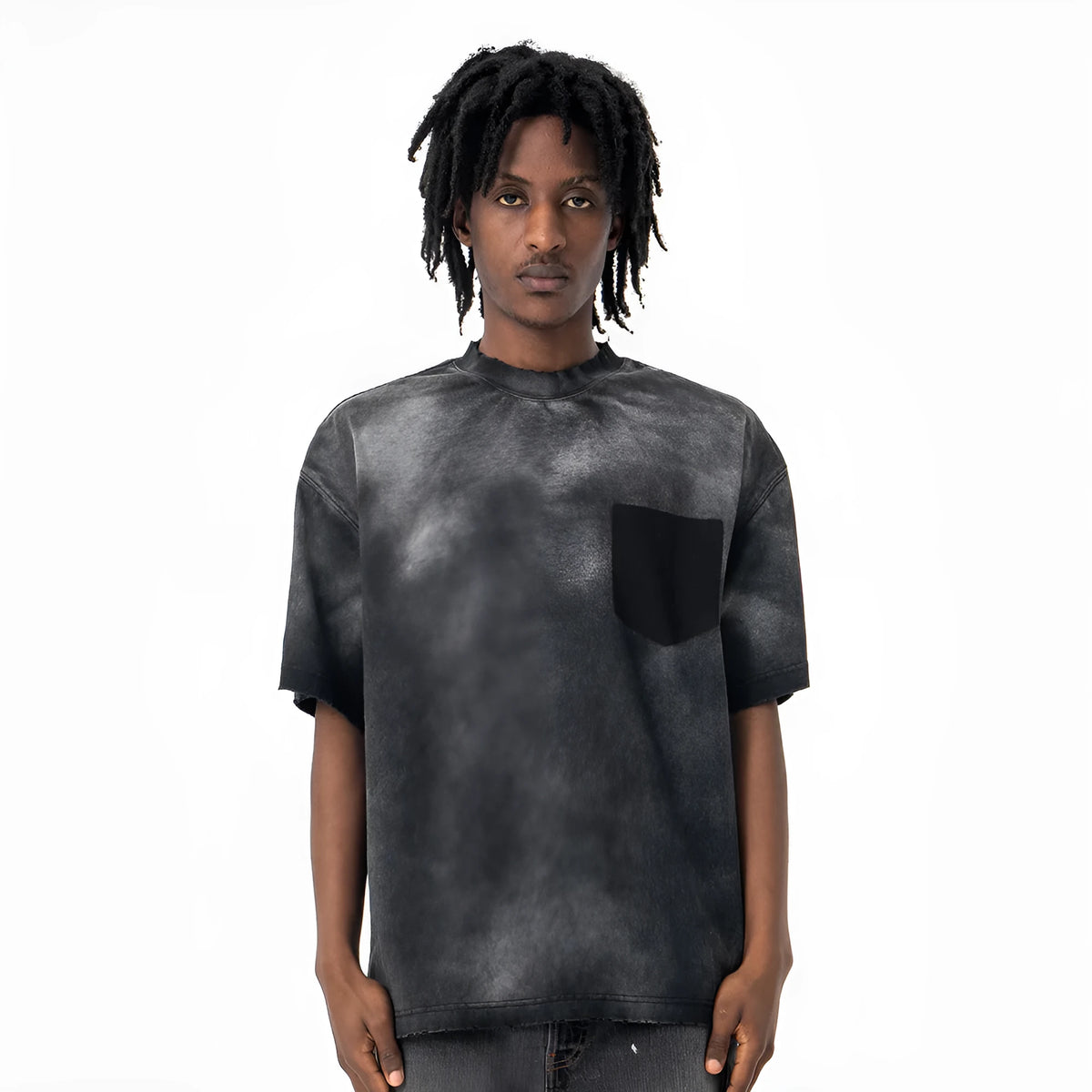 Black men's loose fit cotton short-sleeve t-shirt with printed letters and drop-shoulder sleeves.