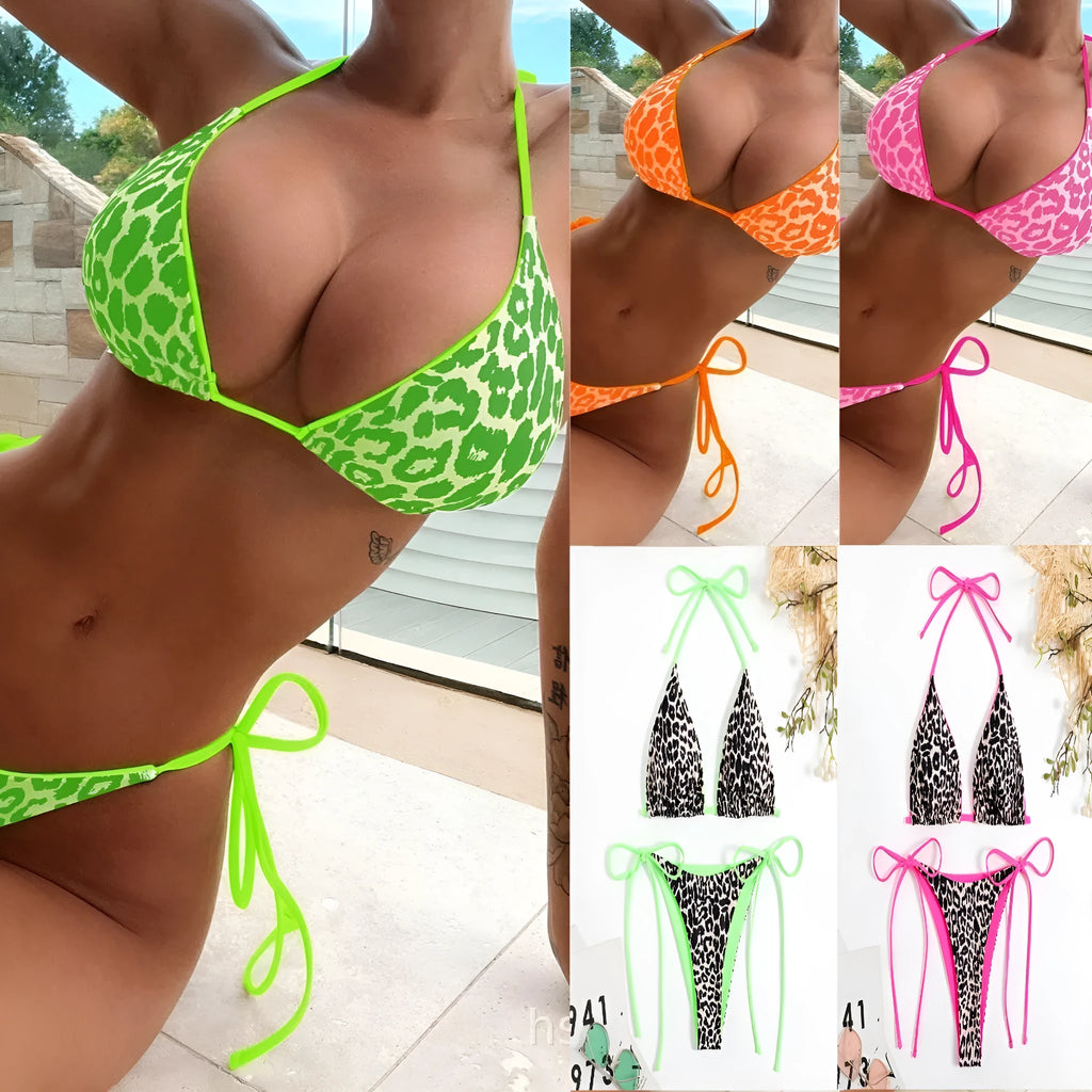 Women's triangle bikini top with lace-up front and matching pants in polyester fabric