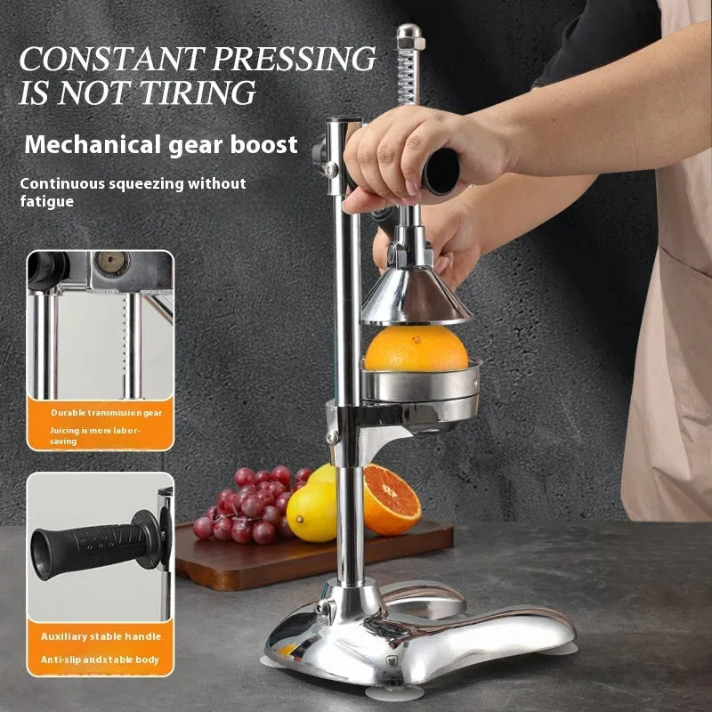 Vertical stainless steel manual citrus juicer in chosen colour with selected head style on kitchen worktop.
