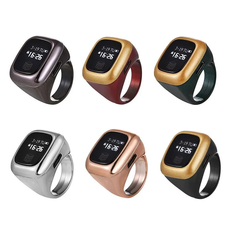Electronic counter with digital display on a wristband, shown in multiple colour options.