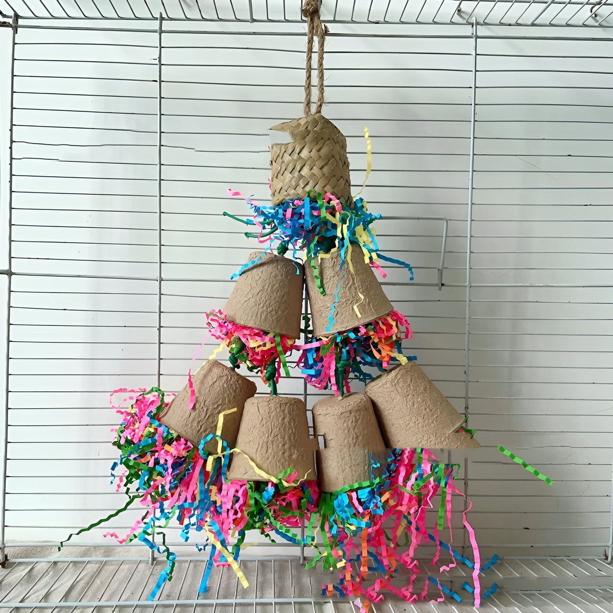 Parrot paper cup weaving gnawing toy with palm fibre construction hanging from cage