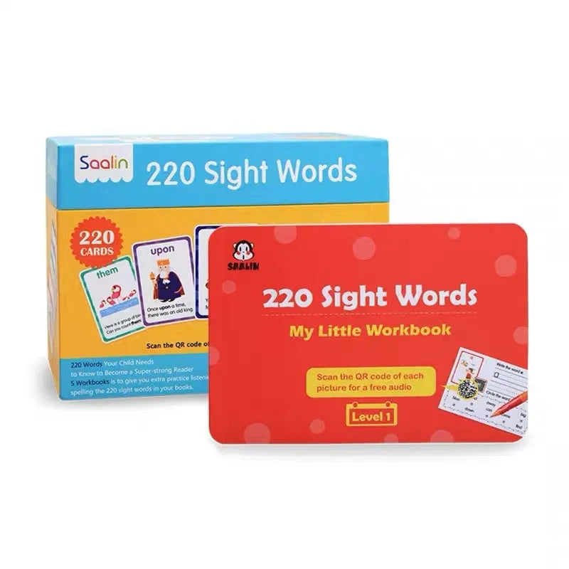 Box set of 220 high frequency word cards and five phonics workbooks for early childhood education.