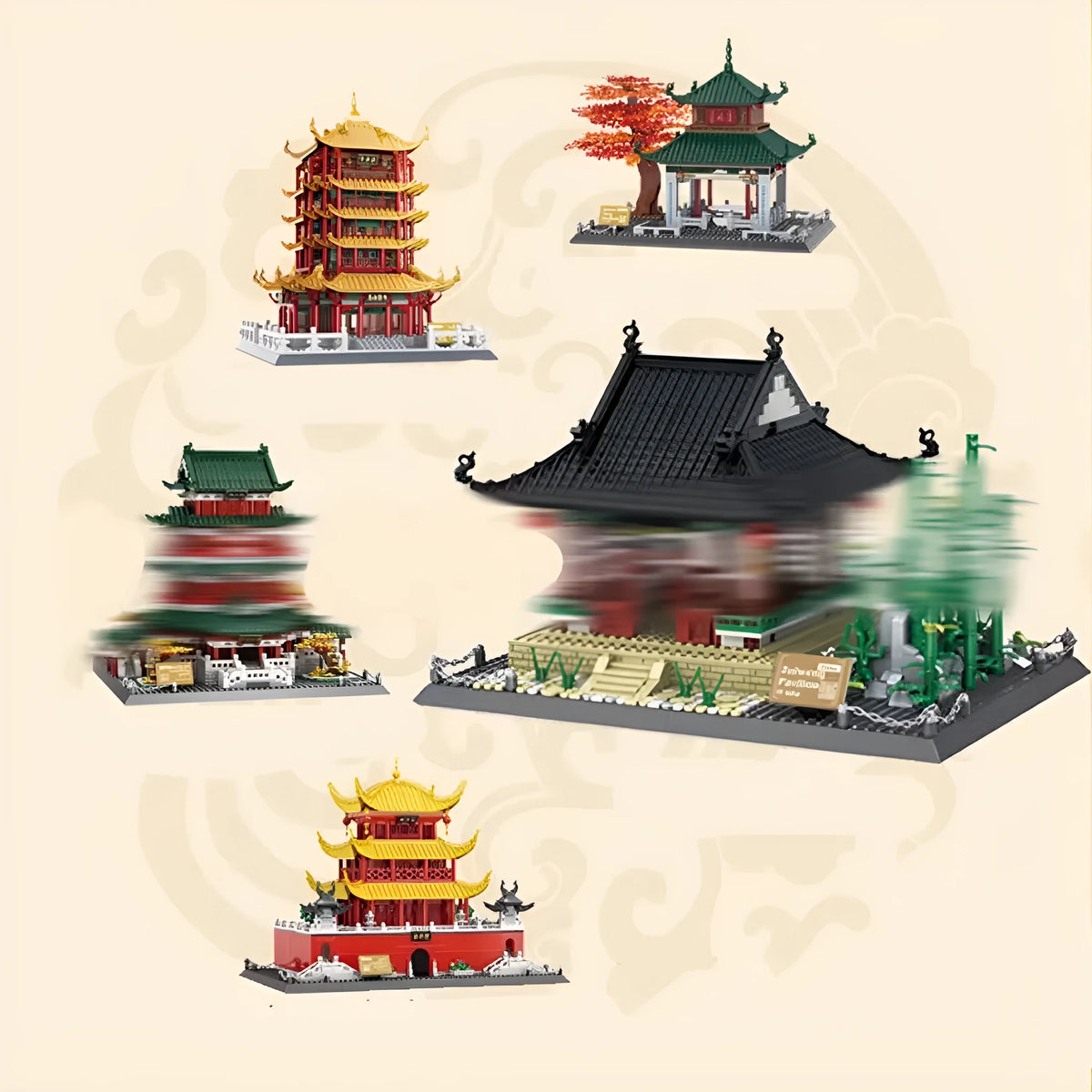 Wange plastic building blocks set with over 800 pieces showing global landmark designs including Eiffel Tower and Taj Mahal
