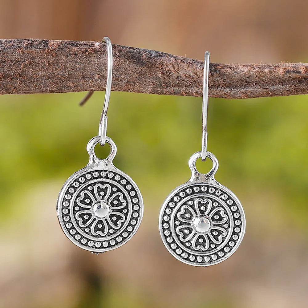 Round bohemian retro earrings with distressed ethnic print in electroplated zinc alloy