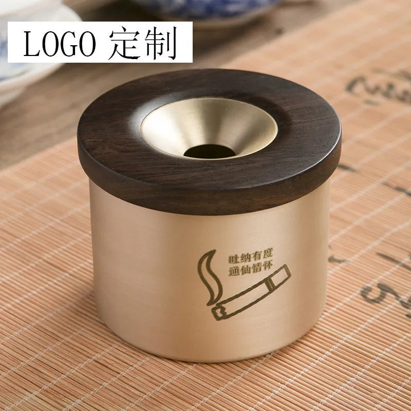Retro brass ashtray with copper body and black or rosewood wooden lid featuring a middle hole design for living room use