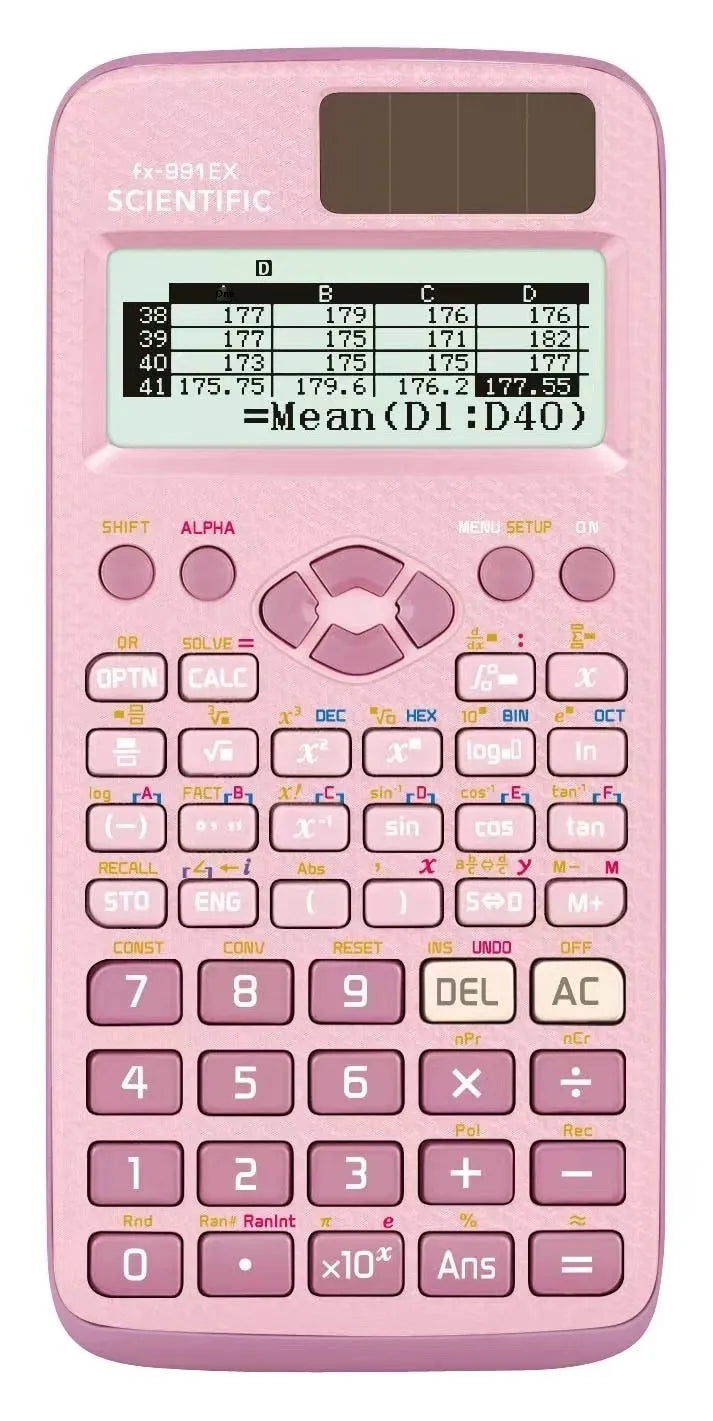 991EX scientific calculator with solar panel in black, blue, or pink colour options