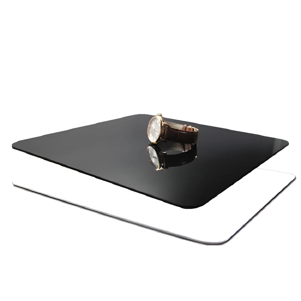 Black and white acrylic reflection boards in 20cm, 30cm, and 40cm square sizes for photography.