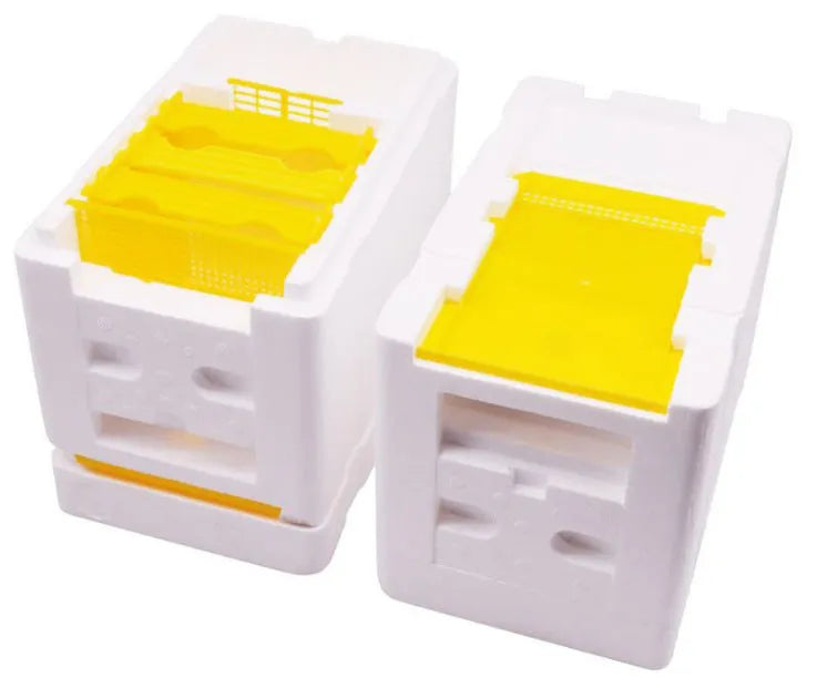 Three white EPS foam bee breeding boxes for beehive tool storage and organisation