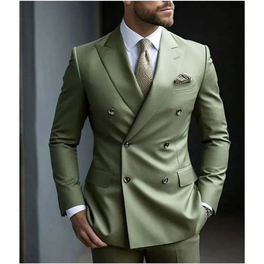 Men's grey Korean-style slim fit two-piece suit with jacket and trousers.
