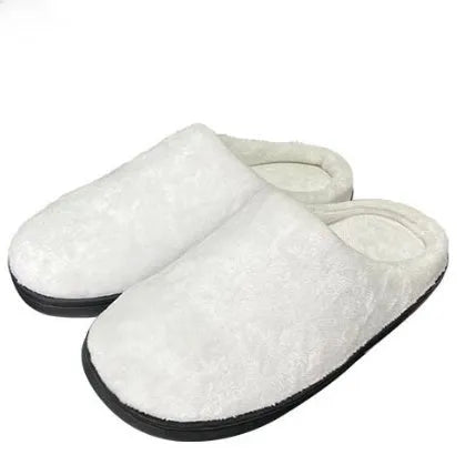 Pair of patterned flannel slippers with a TPR sole, shown in a customisable colour.