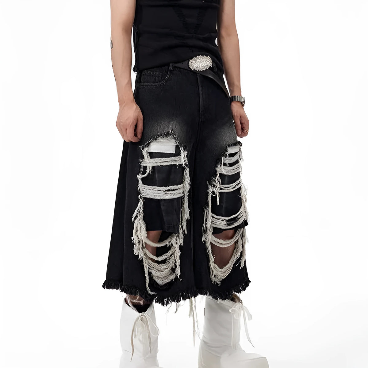 Black cropped wide leg jeans with ripped patch detailing and mid-high waist