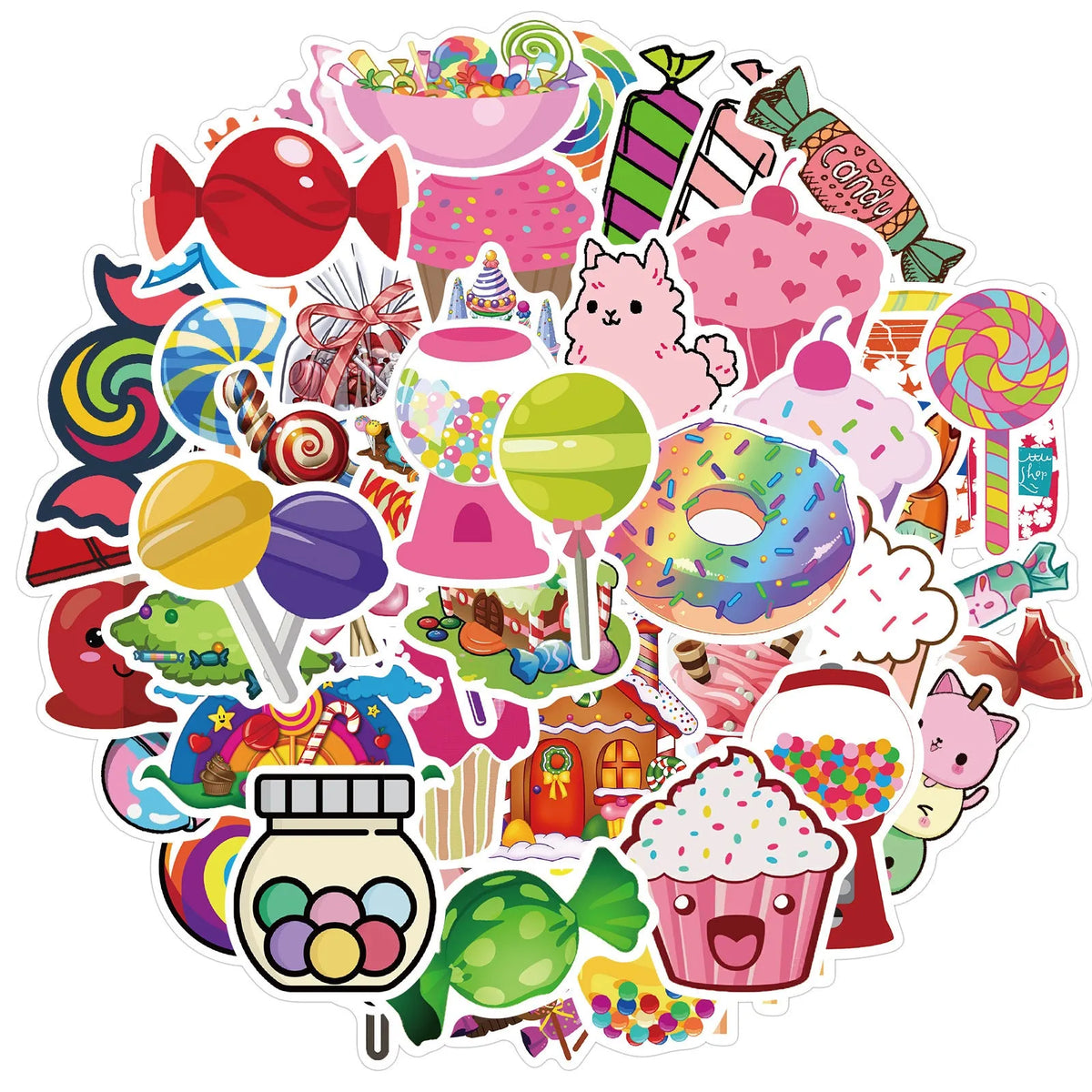 50 colourful candy series graffiti stickers with cartoon patterns measuring 4-6cm each