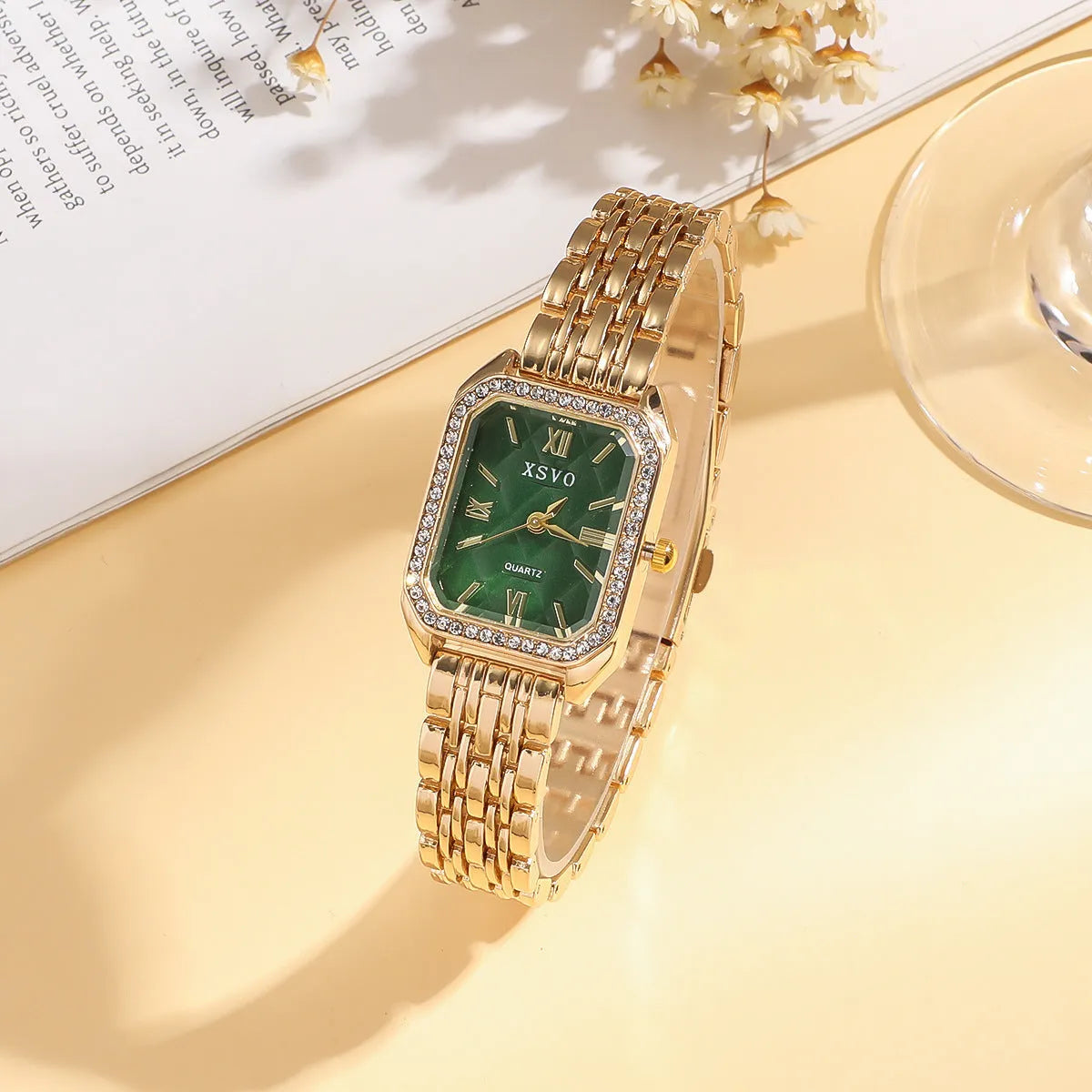 Gold green square dial watch with four matching alloy butterfly bracelets in a 5-piece gift set