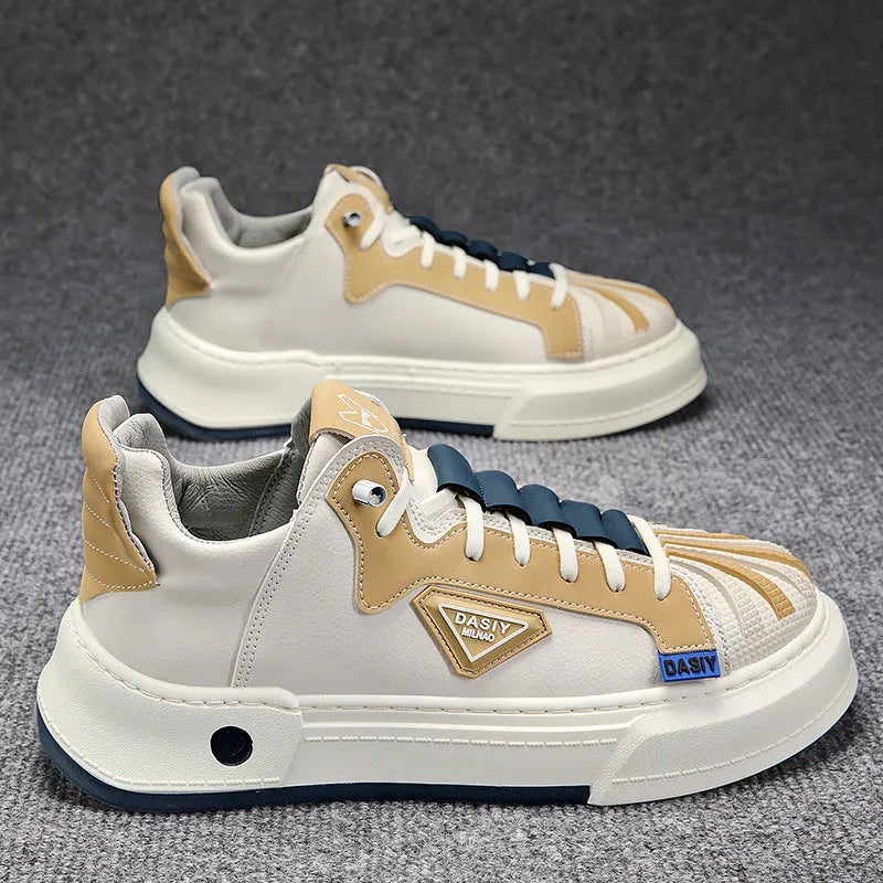 Men's beige low-top sneakers with elastic band fastening and round toe design