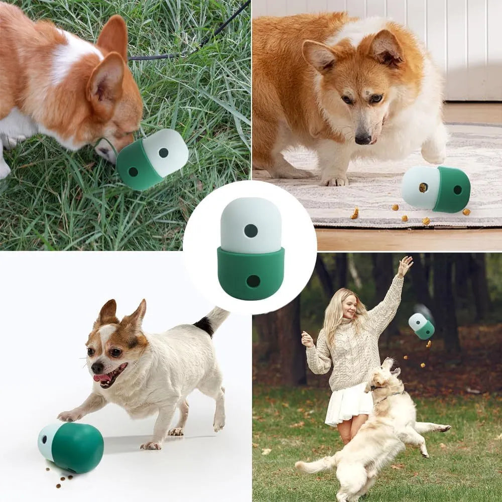 Food-grade silicone dog treat puzzle ball in blue and white, measuring 8x11cm for small medium dogs.
