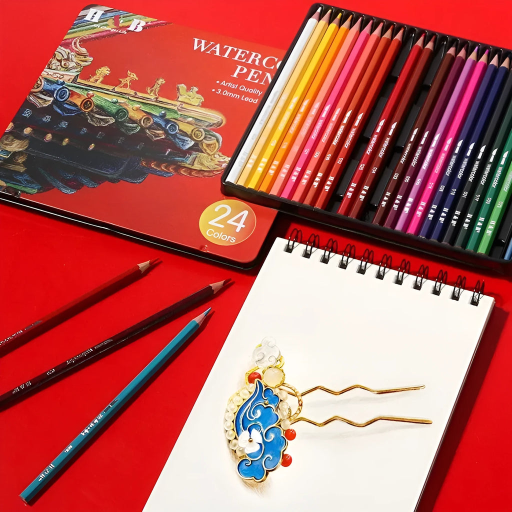 Water-soluble coloured pencils set with 24 wooden barrel colours in iron storage box HB-WPTB024