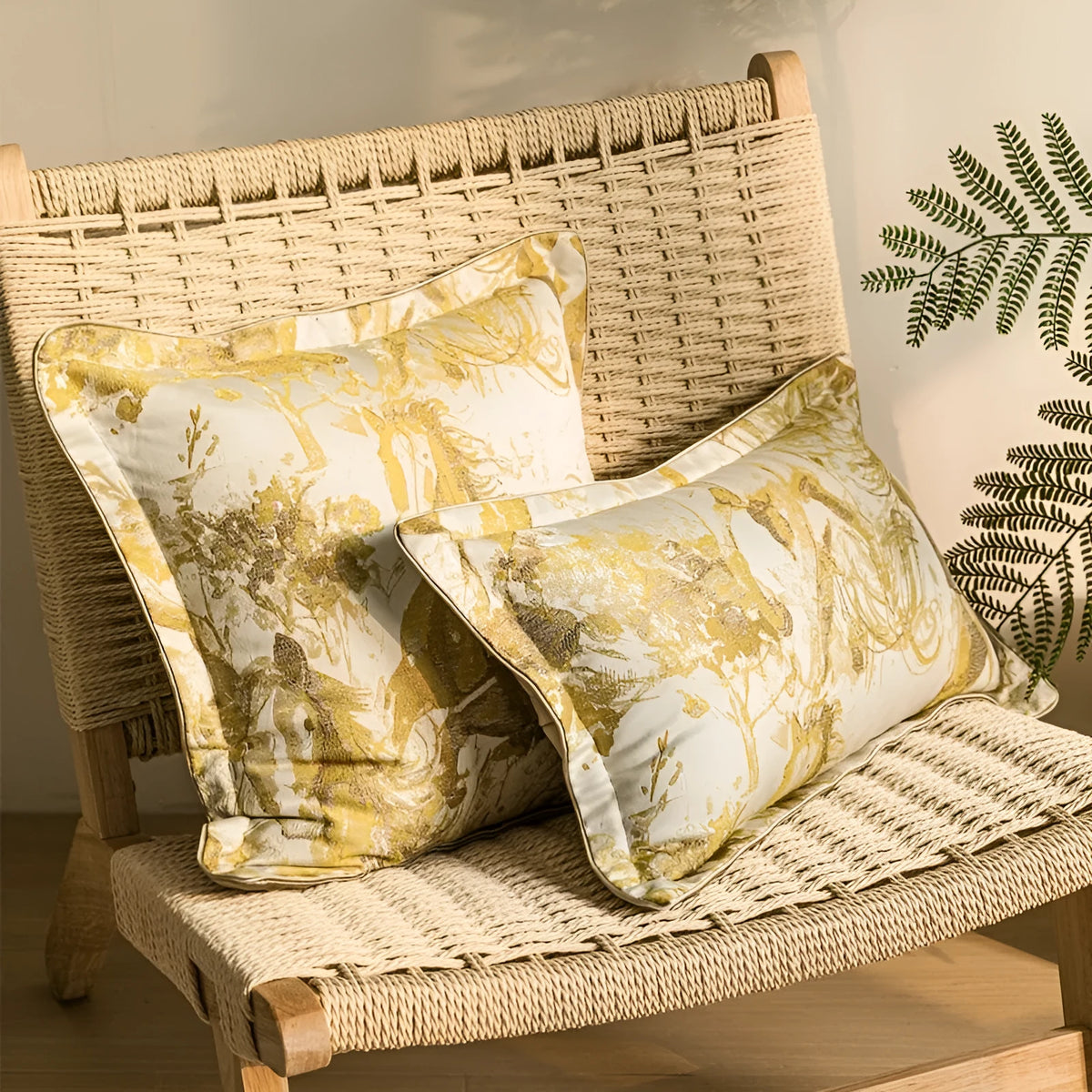 Abstract Jacquard woven horse design cushion in golden yellow, available as square or waist pillow.