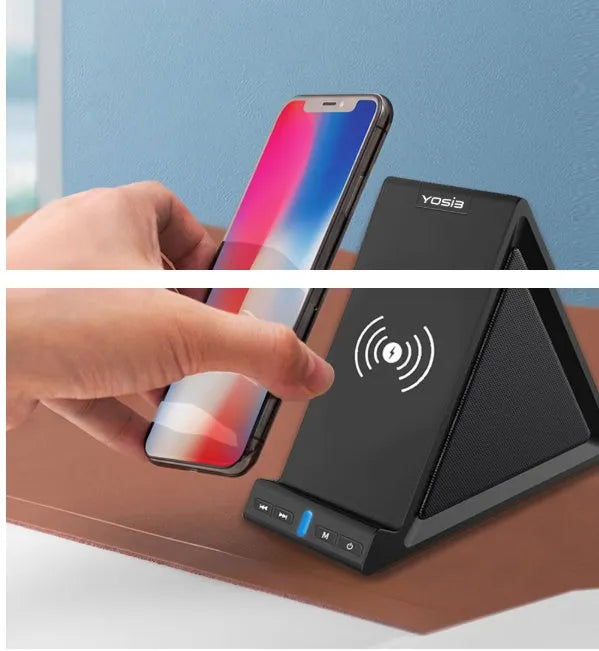 Black multifunctional mobile phone holder with built-in Bluetooth speaker and wireless charging capability
