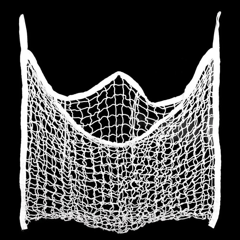 Woven grid hanging feeding bag made of PE rope, shown in black, suitable for horses and cattle.