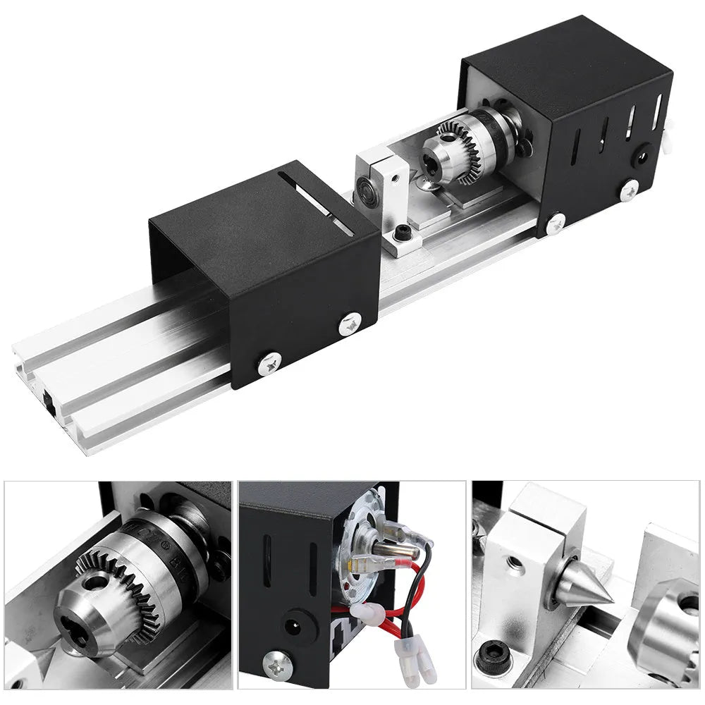 Mini metal manual woodworking lathe with carving knives on a workshop bench