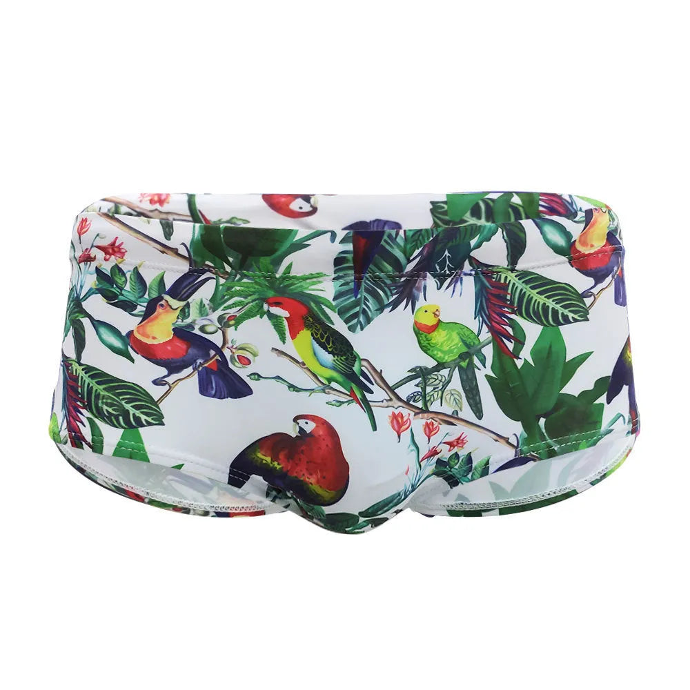 Men's flower-bird print swimming trunks in small boxer style with nylon fabric