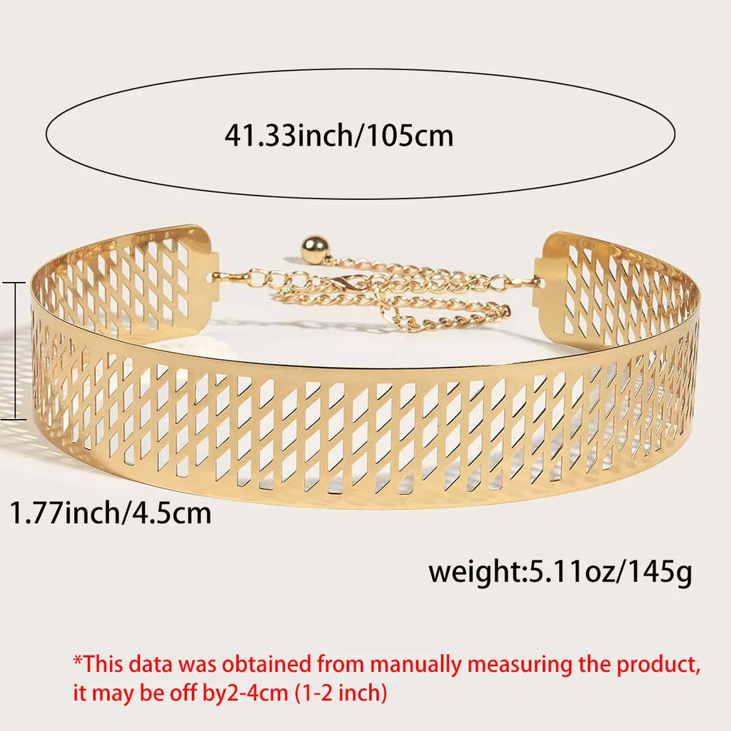 Golden alloy waist belt with lantern and floral punch net design, shown fastened, highlighting its 4.5cm width.