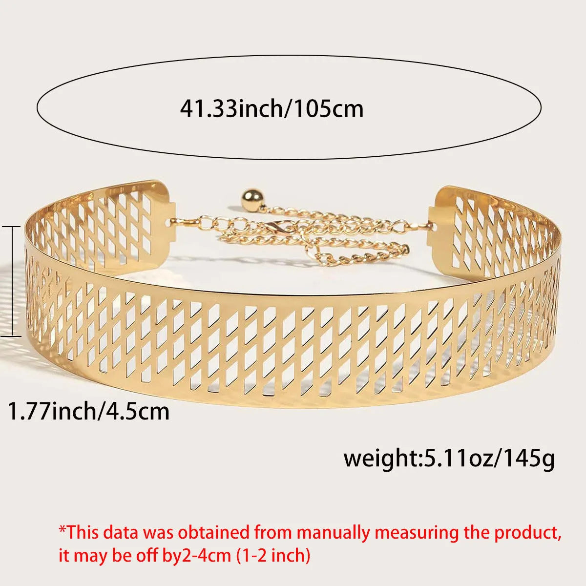 Golden alloy waist belt with lantern and floral punch net design, shown fastened, highlighting its 4.5cm width.