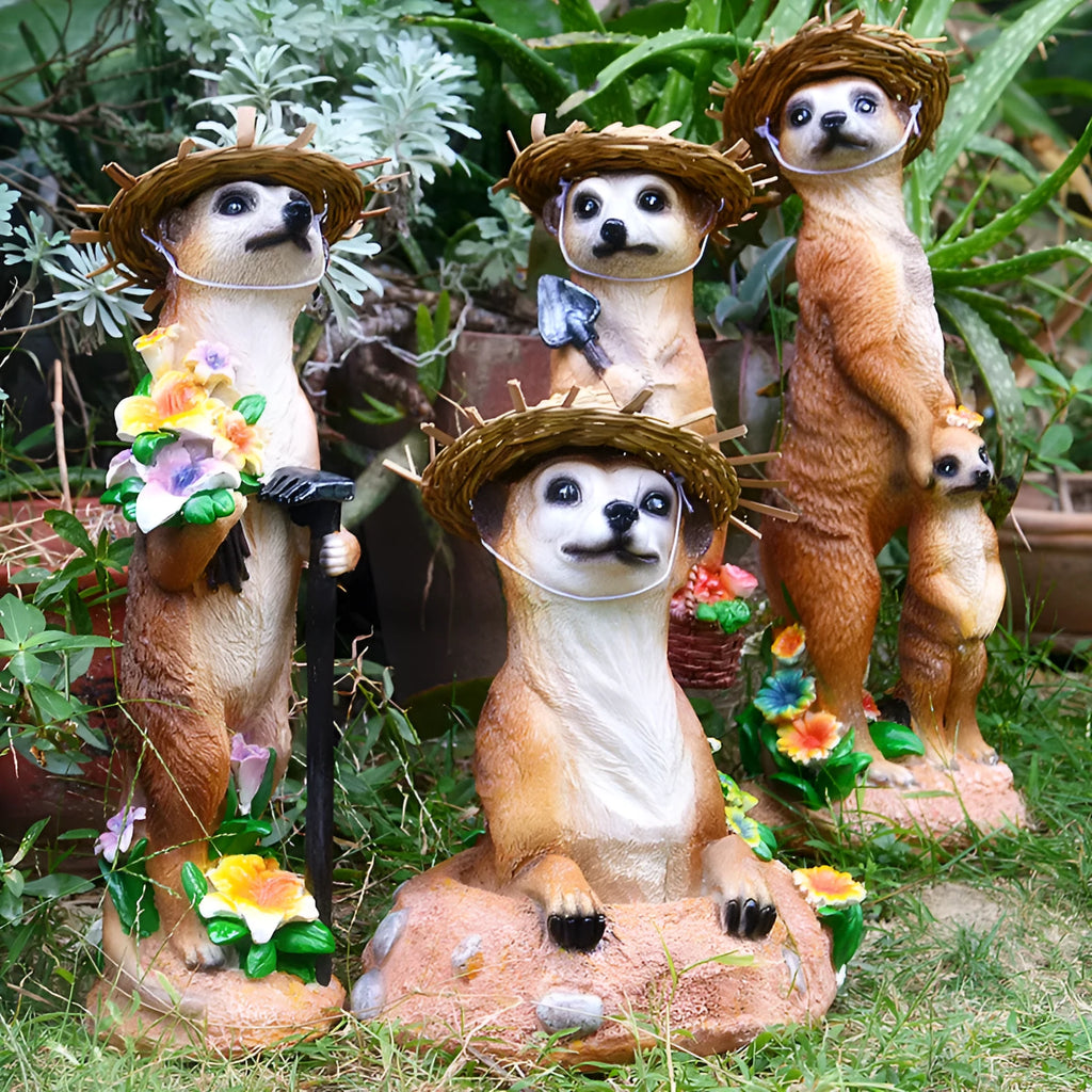 Straw hat mongoose garden ornament in plastic resin with three colour options for bonsai decoration