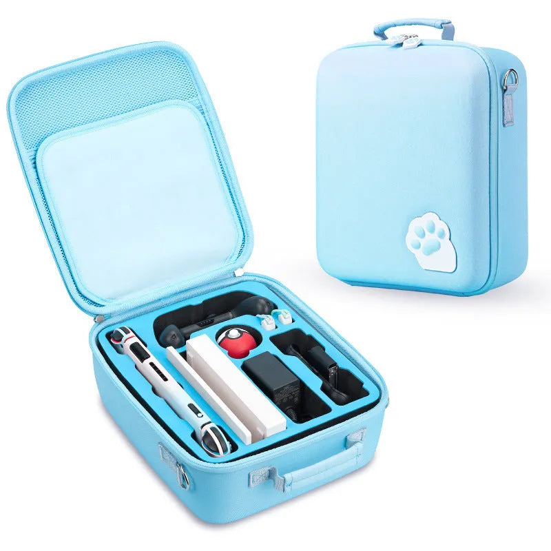 Nintendo Switch cat claw accessory storage bag in black, blue, or pink with diagonal strap.
