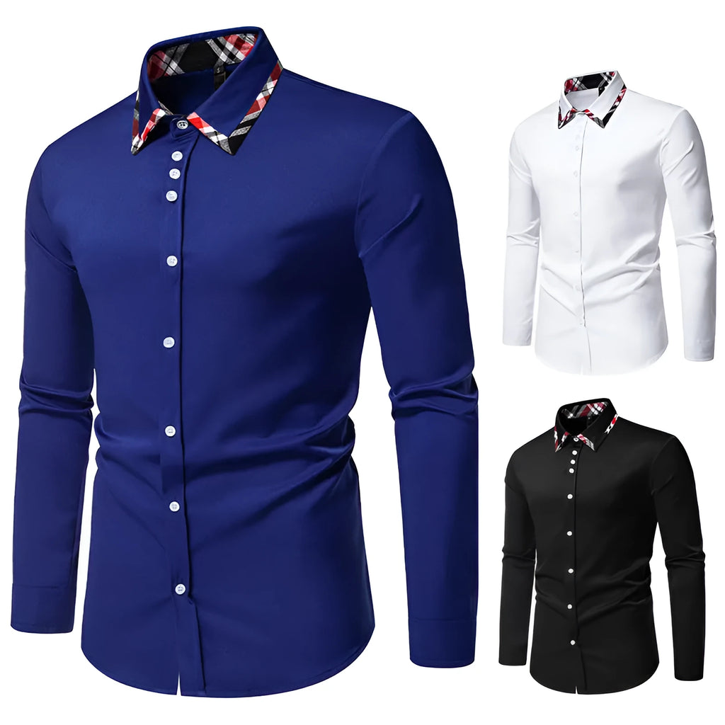 Men's plaid contrast triangle collar long sleeve shirt in polyester blend fabric