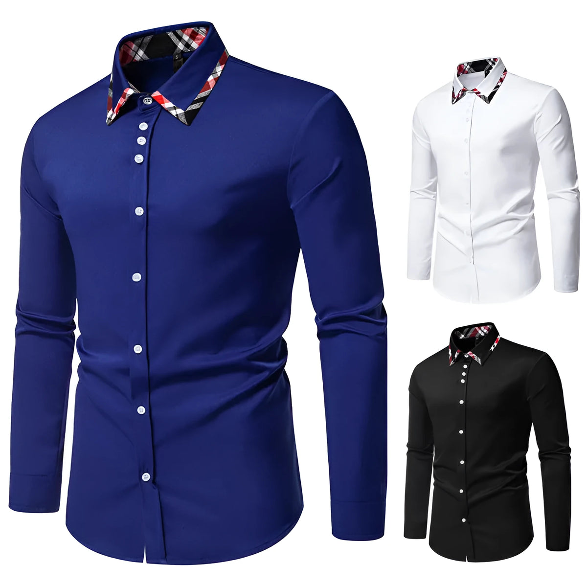Men's plaid contrast triangle collar long sleeve shirt in polyester blend fabric