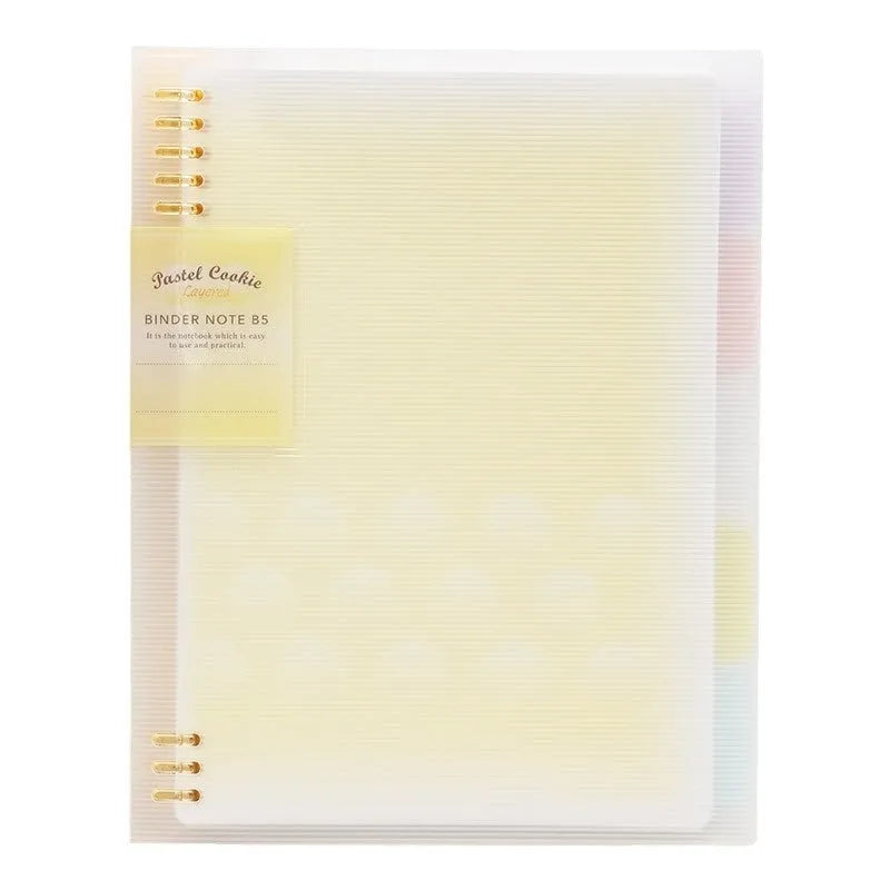 Refillable A5 and B5 spiral notebook with PP cover in pastel cookie blue and plaid impression patterns next to paper refills.