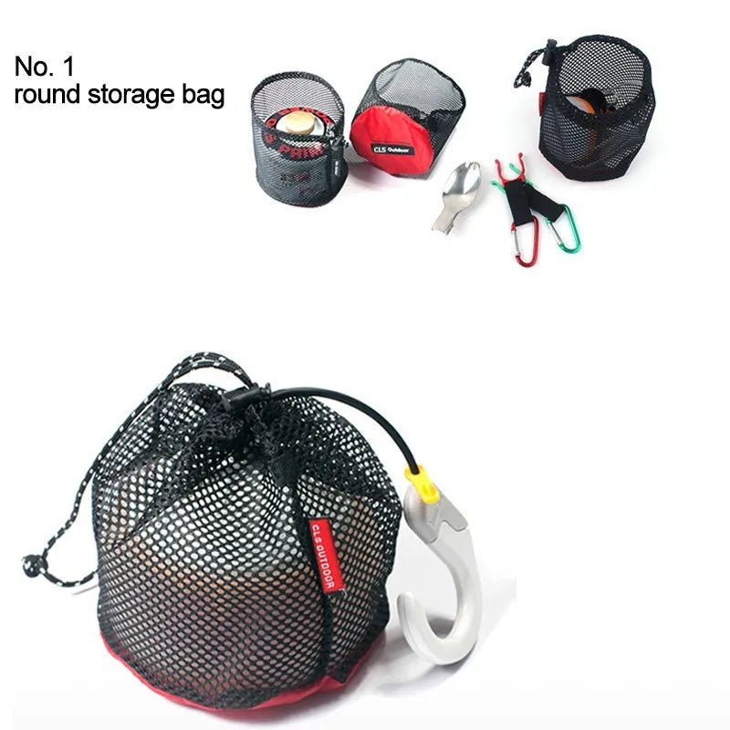 Red five-piece outdoor travel storage bag set with zipper closures on open bags showing internal pockets