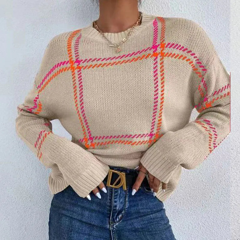 Women's loose-fit plaid sweater with colour-block stripes in acrylic, shown in apricot colour.