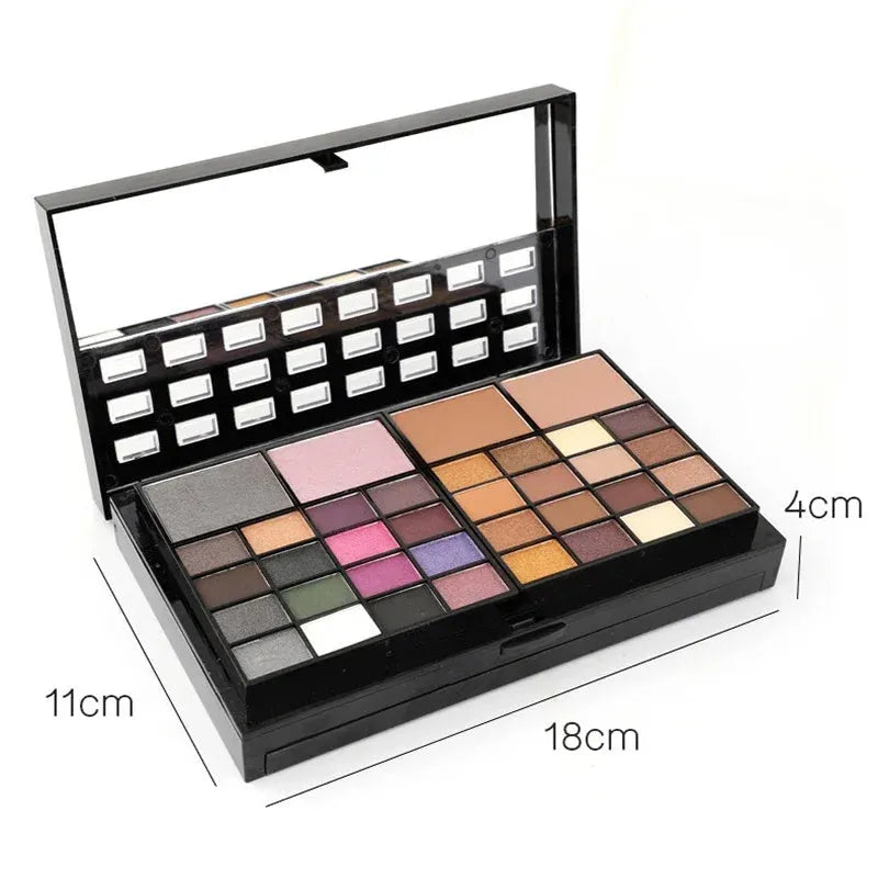 74 colour makeup palette set with four powder plates, a mirror, and included eyeshadow stick, contour brush, and lip brush