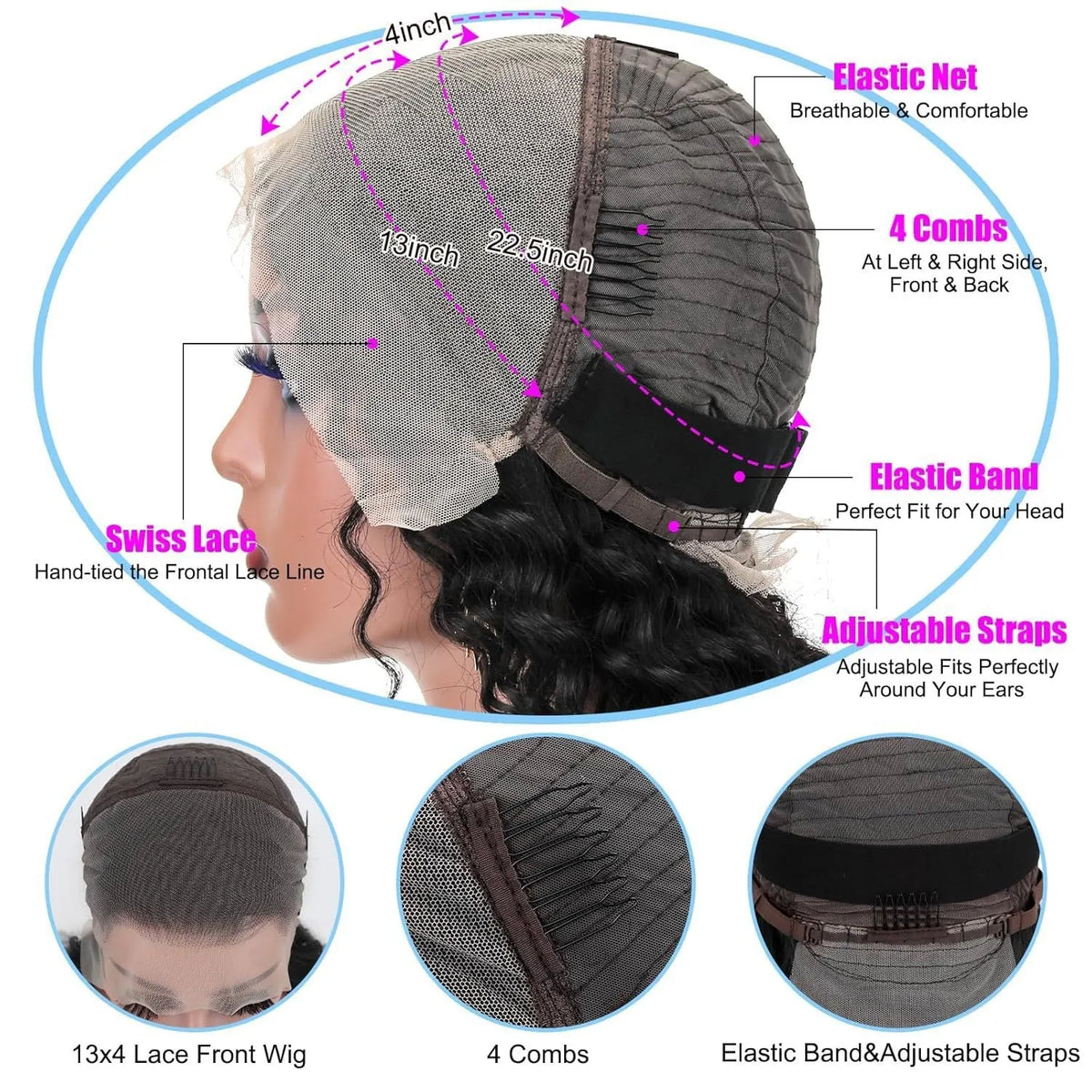 Front lace human hair wig with deep wave style, hand-woven, available in 20cm to 85cm lengths, natural look.