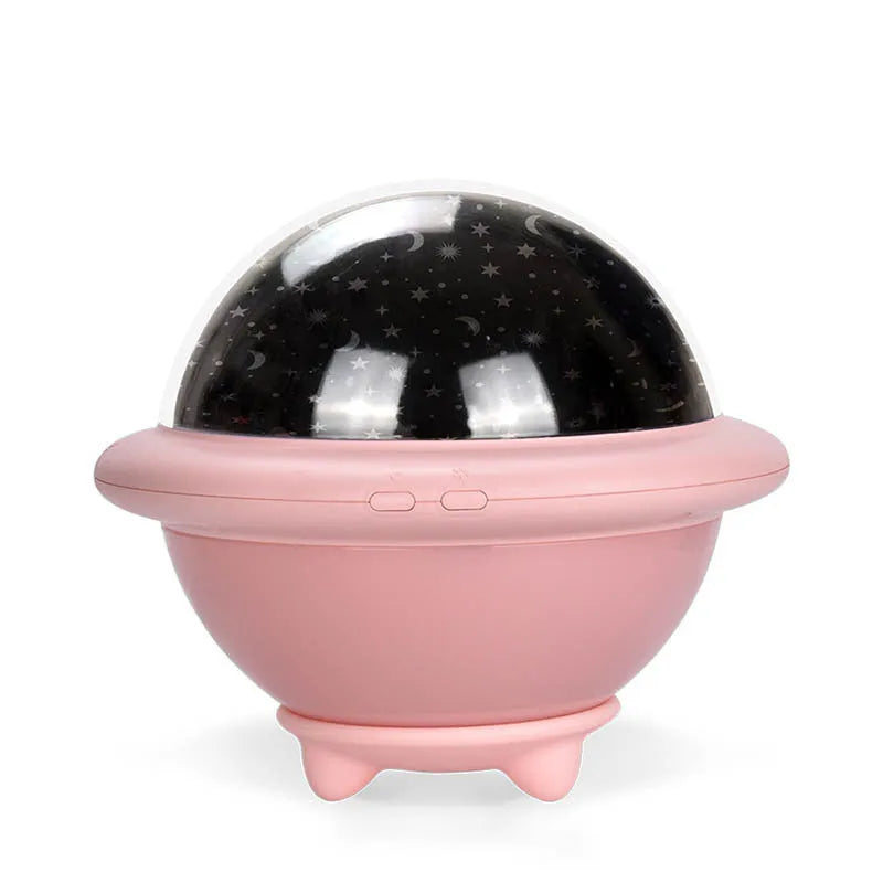 UFO-shaped plastic starry sky projection night light in pink colour with USB cable