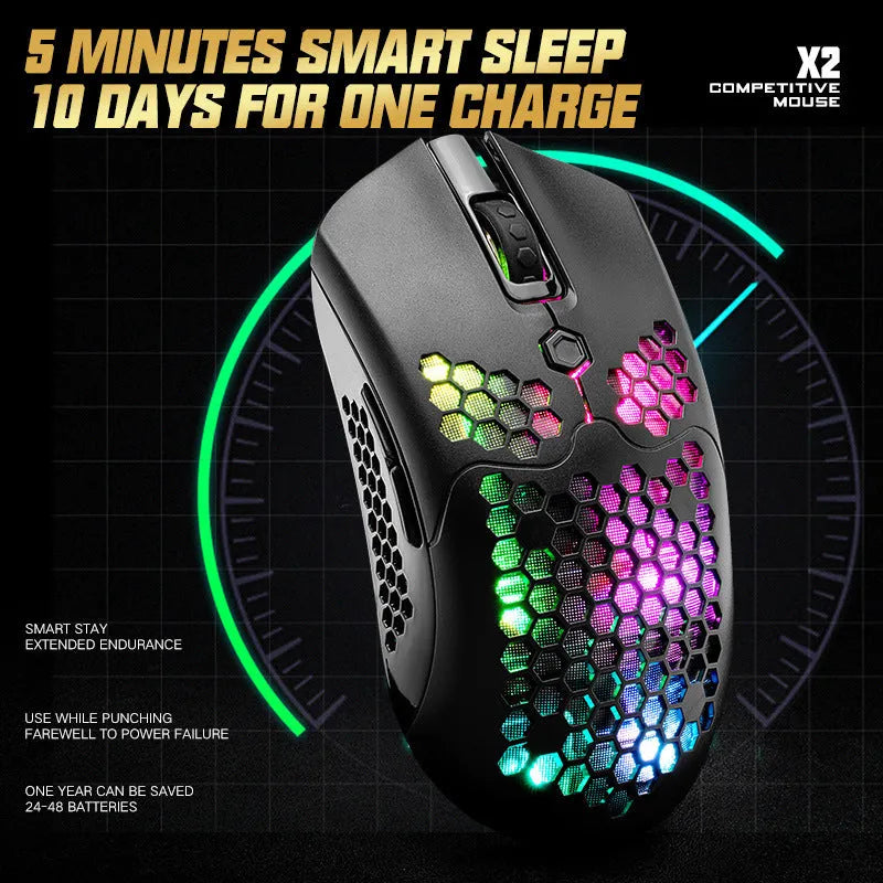 Free Wolf X2 wireless RGB gaming mouse with honeycomb shell in black, green, pink, white or yellow