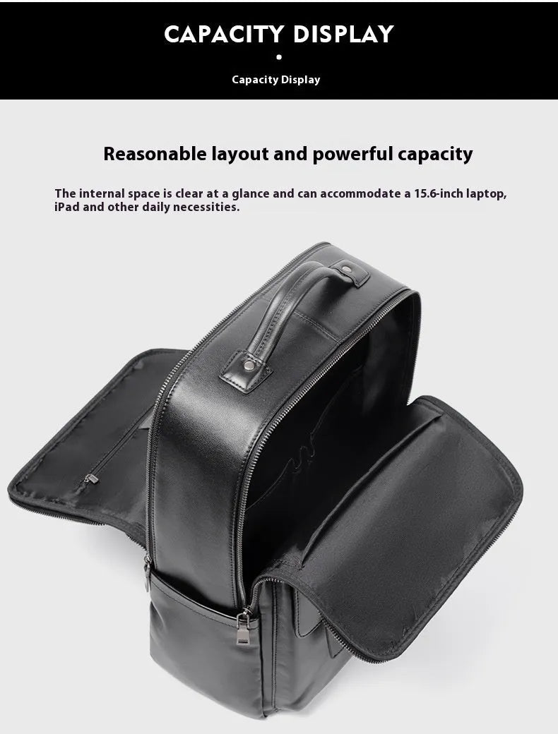 Black leather computer backpack with woven detailing and 36-55L capacity for business commute