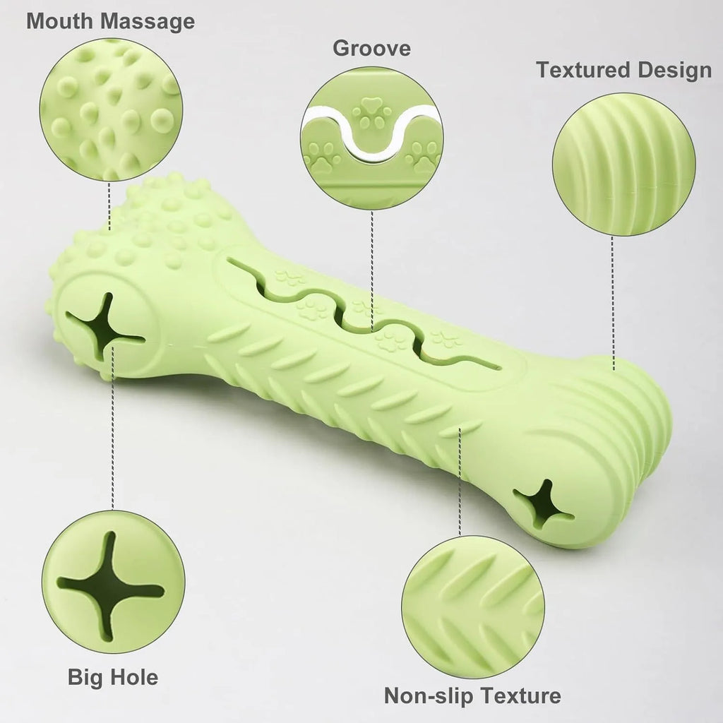 Blue bone-shaped natural rubber dog chew toy on a white background