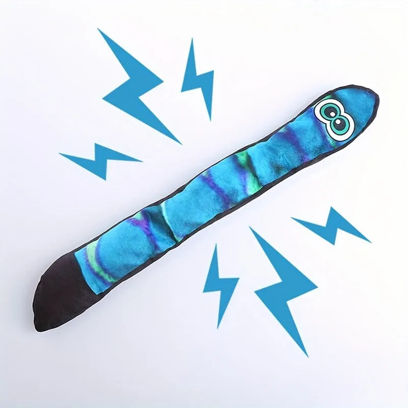 Snake shape plush dog squeaky toy with multicolour stripe print in blue, green and rainbow options