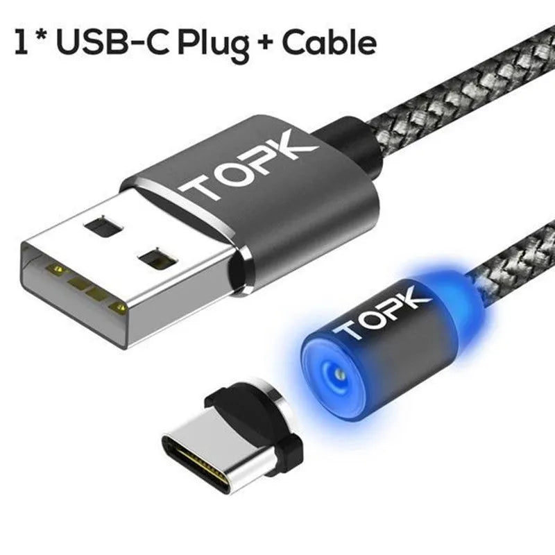 3-in-1 magnetic charging cable with aluminium alloy shell and LED light for Android iOS Type-C devices