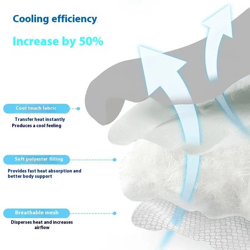 Ice silk pet cooling mat in dog head shape, shown in light gray, on a wooden floor