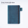Handmade cowhide notebook with wood-free paper in six colour options showing 9x14cm dimensions