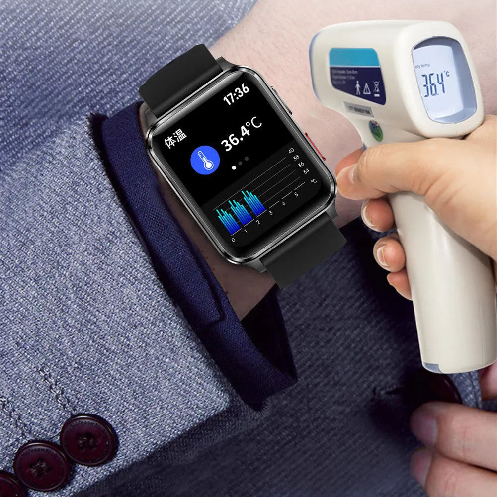 Multi-sport smart watch with tempered glass screen showing health metrics, on a silicone wristband.