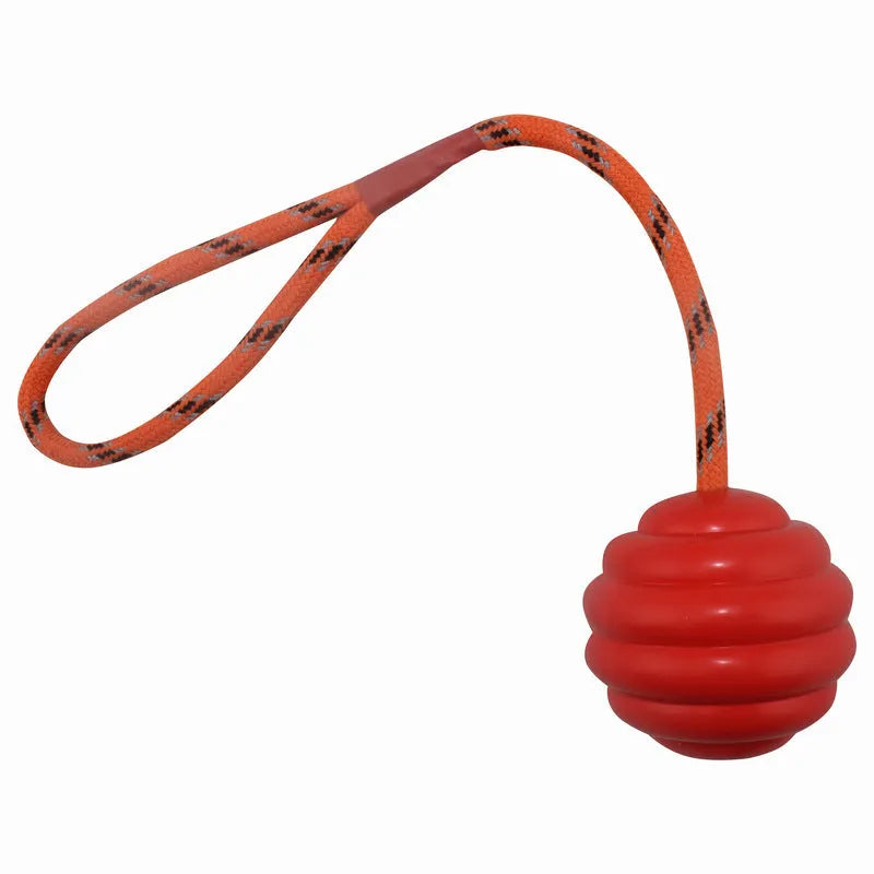 Multi-colour rubber ball dog toy with rope knot design measuring 6cm by 30cm